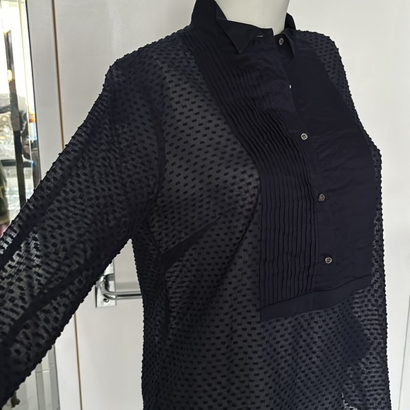 J. Crew Navy Pleated Swiss Dot Tuxedo Sheer Blouse - Picture 3 of 9